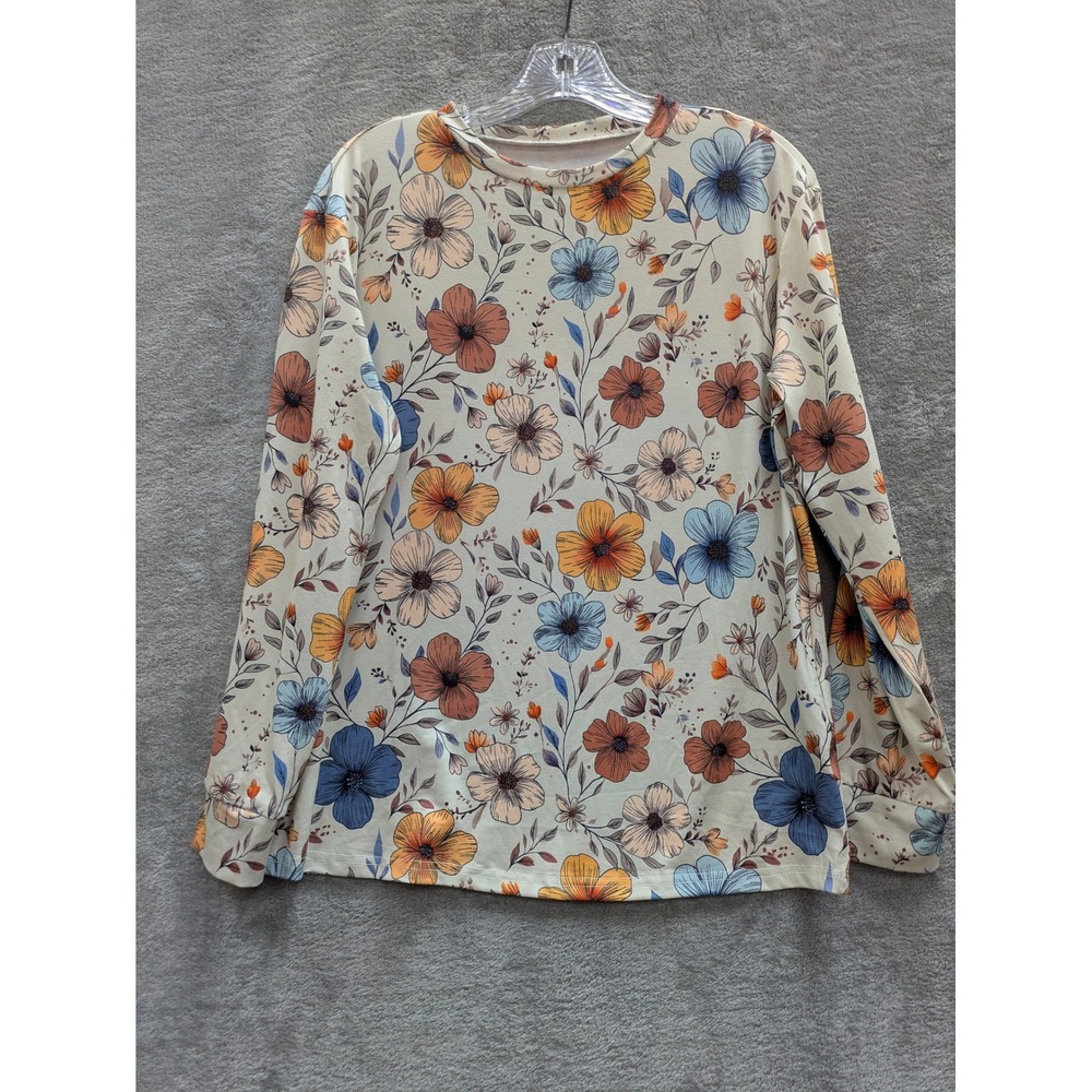 Cottagecore Floral Long Sleeve Shirt Womens Large Cream Botanical Print‎ Tee